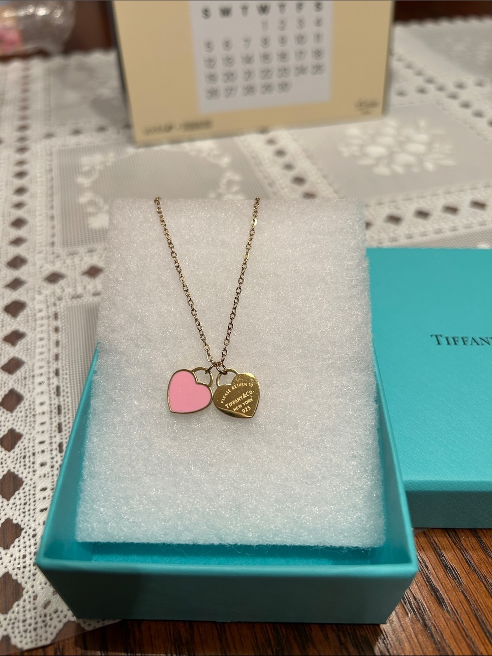Tiffany & Co. Pink Enamel and Gold Double Heart Necklace in 925 Sterling Silver